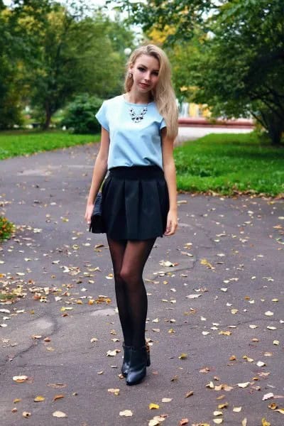 Black Skirt with Sky Blue T Shirt