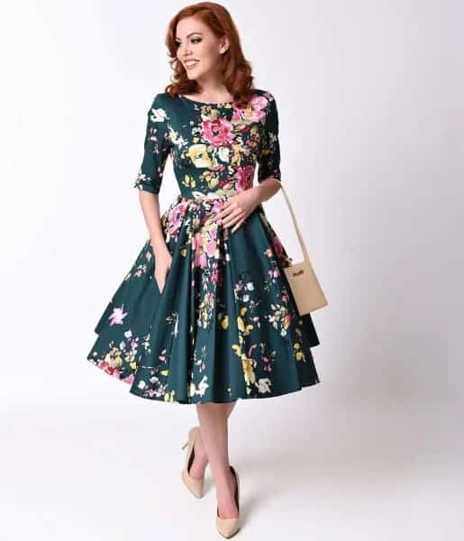 Navy Blue Half Sleeve Fit and Flare Midi Hawaiian Print Dress