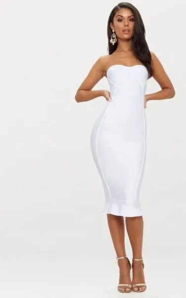 White Midi Ruffle Hem Midi Bodycon Dress