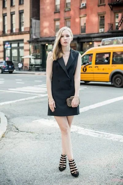 Black Sleeveless Tuxedo Dress with Cutout Boots