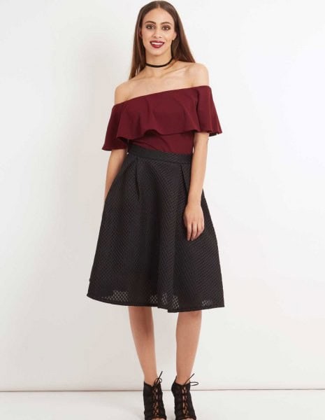 Burgundy Off The Shoulder Ruffle Blouse with Black Mesh Midi Skirt