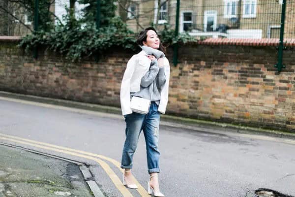 White Denim Jacket + Grey Turtleneck