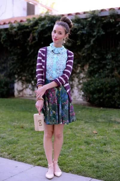 White Lace Collar Shirt with Floral Printed Mini Pleated Skirt & Pale Pink Ankle Strap Flats