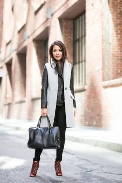 Grey Long Wool Sleeveless Coat with Black Leather Jacket