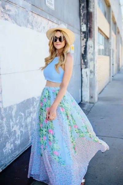 Sky Blue Two Piece Floral Print Maxi Dress with Straw Hat