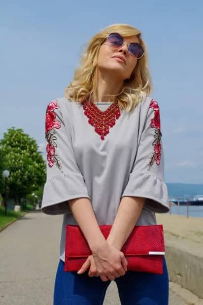 Silk Teal Embroidered Cute Blouse with Red Clutch Bag