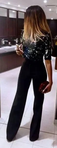 Black Pants with Sequin Half Sleeve Blouse