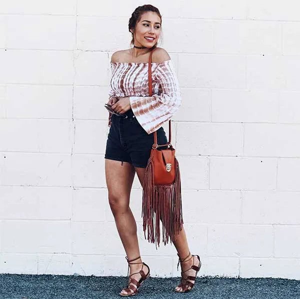 Blush and White Tie Dye Off The Shoulder Blouse with Black Mini Shorts