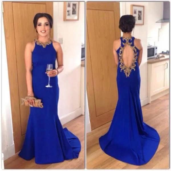 Sleeveless Open Back Royal Blue Gown