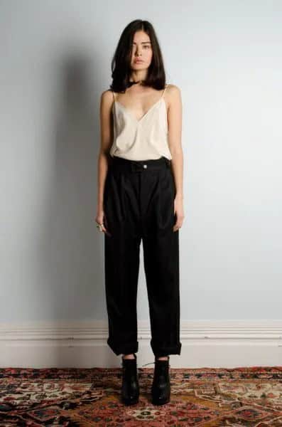 White Silk Camisole with Black High Waisted Wide Leg Jeans