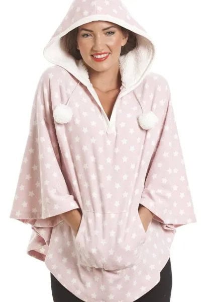 Pink and White Star Printed Hooded Fleece Poncho