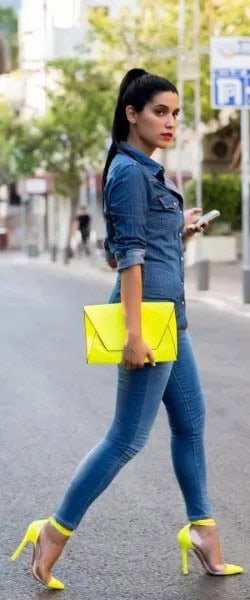 Dark Blue Chambray Button Up Shirt with Yellow Clutch Bag & Matching High Heels