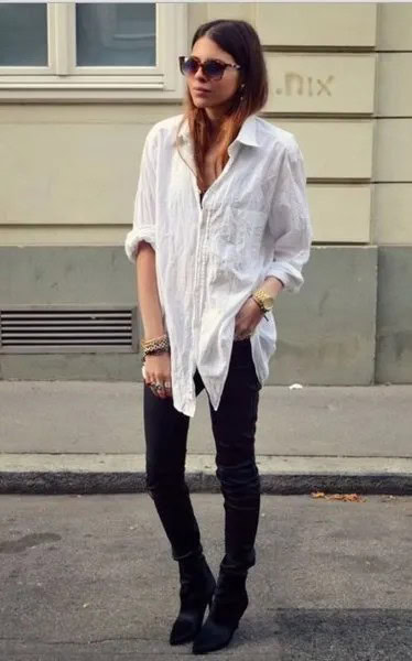 White Linen Oversized Button Up Shirt with Black Skinny Jeans