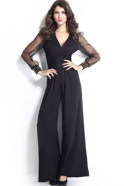 Black Wide Leg Jumpsuit with Mesh Sleeves