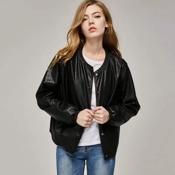 Black Leather Bomber Jacket with White Tee & Blue Jeans