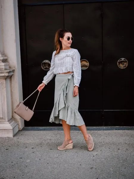 Grey and White Striped Blouse with Ruffle Wrap Midi Linen Skirt