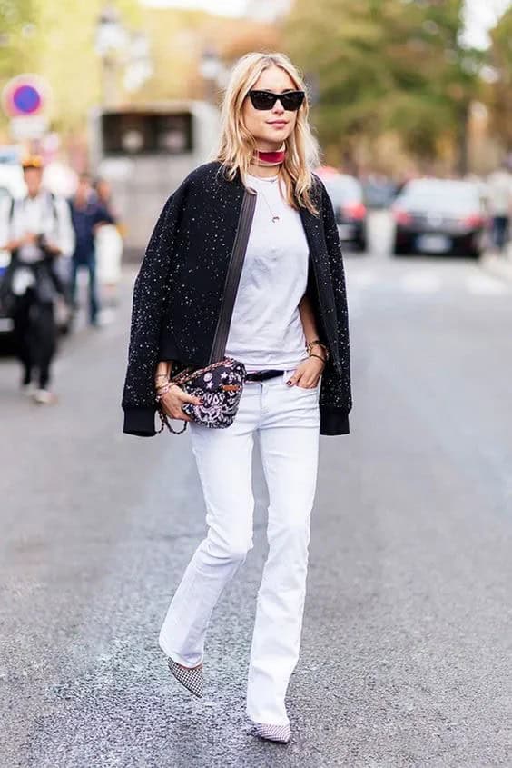 White Jeans with Sequin Bomber Jacket