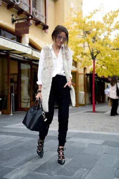 Light Grey Long Vest with White Button Up Shirt & Black High Rise Chinos