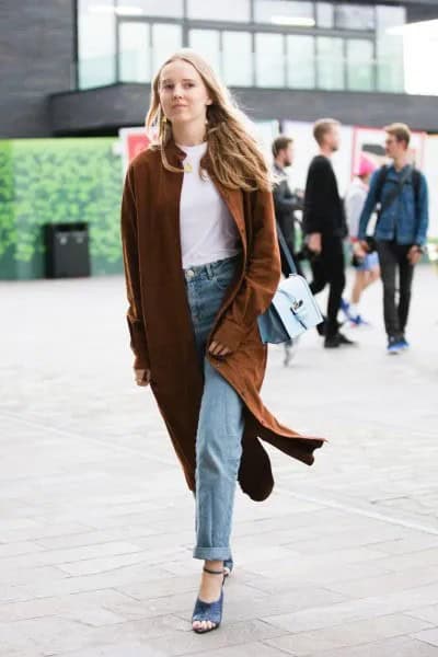 Burgundy Longline Cardigan with White Crew Neck Tee & Cuffed Jeans