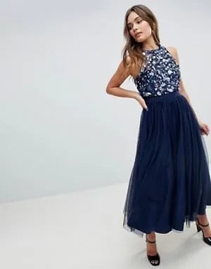 Blue Sequin Halter Top with Navy Maxi Chiffon Skirt