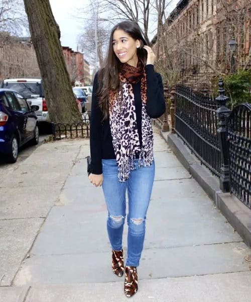 Black Sweater with Leopard Print Scarf & Light Blue Jeans