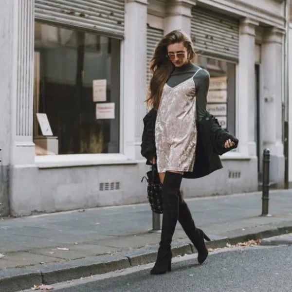 Silver Velvet Slip Dress with Green Turtleneck Sweater