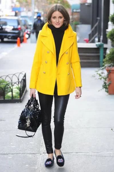 Yellow Oversized Blazer Coat with Black Turtleneck Chunky Sweater