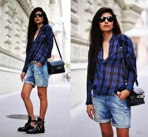 Blue and Black Plaid Shirt with Cuffed Boyfriend Shorts