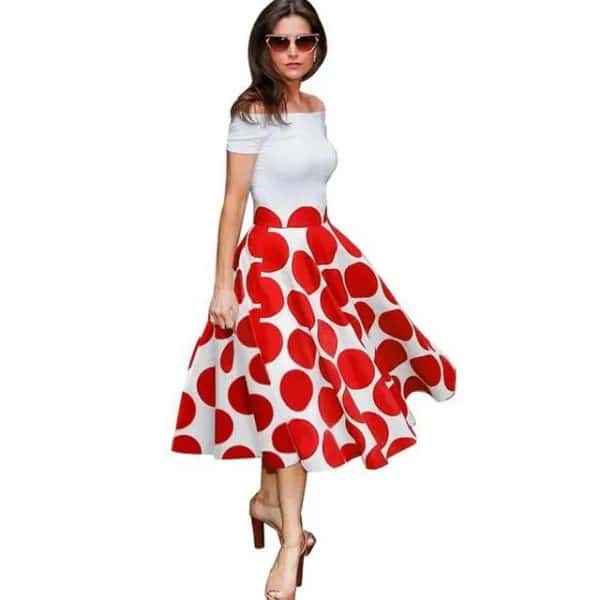 White Off The Shoulder Flared Midi Dress with Red Polka Dot Pattern