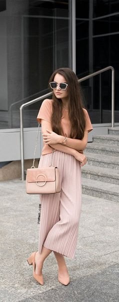 Pink T Shirt with Blush Pleated Elastic Waist Wide Leg Pleated Pants