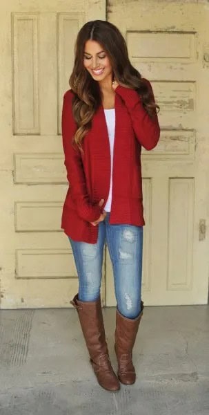 Red Longline Cardigan with White Scoop Neck Tee & Brown Knee High Boots