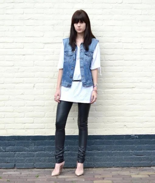 White Long Oversized Tee with Blue Denim Sleeveless Jacket