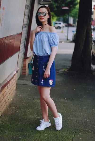 Sky Blue Off The Shoulder Blouse with Embroidered Button Front Denim Skirt