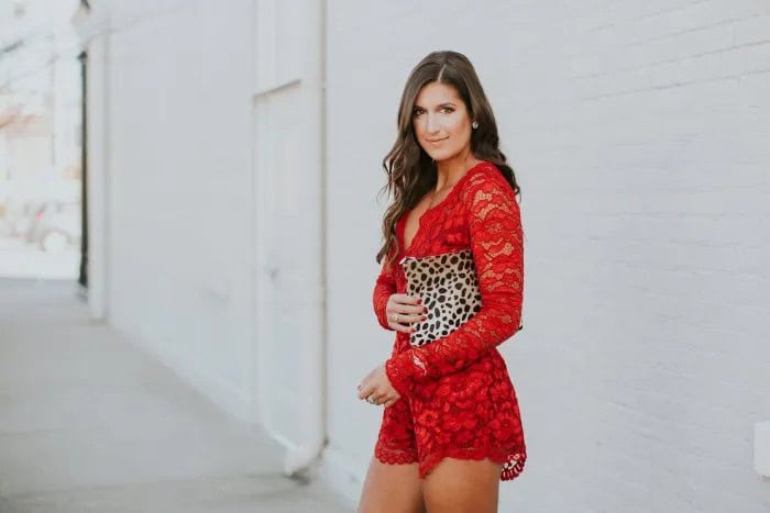 Red Long Sleeve Lace Deep V Neck Romper