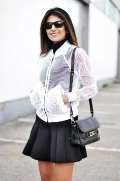 White Mesh Jacket Over Black Skater Mini Dress