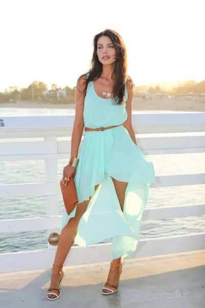 Belted High Low Light Blue Maxi Tank Dress