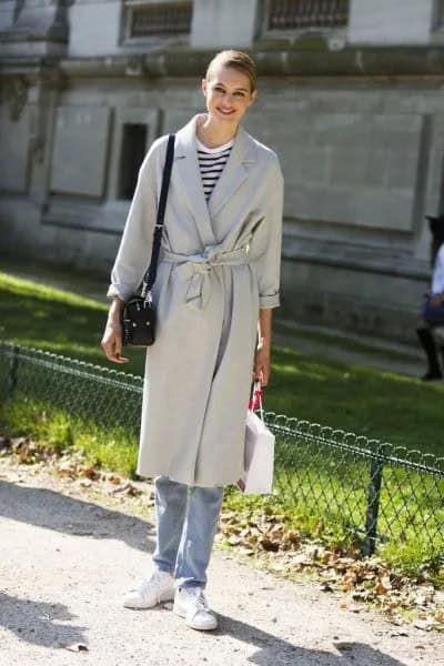 Light Grey Midi Length Belted Coat with Blue Boyfriend Jeans