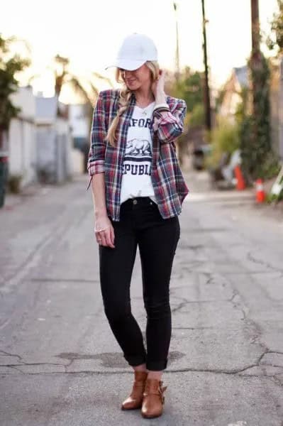 Pink and Navy Blue Plaid Shirt with White Baseball Cap