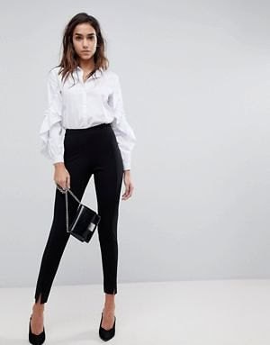 White Puff Sleeve Button Up Shirt with Black High Rise Chinos