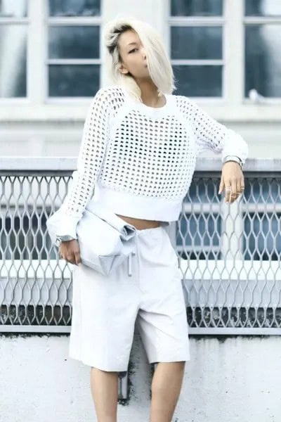 White Mesh Sweater with Knee Length Shorts