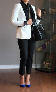 Blue Suede Heels with Black Shirt & White Blazer