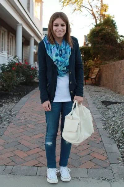 Black Boyfriend Cardigan with Blue Silk Scarf