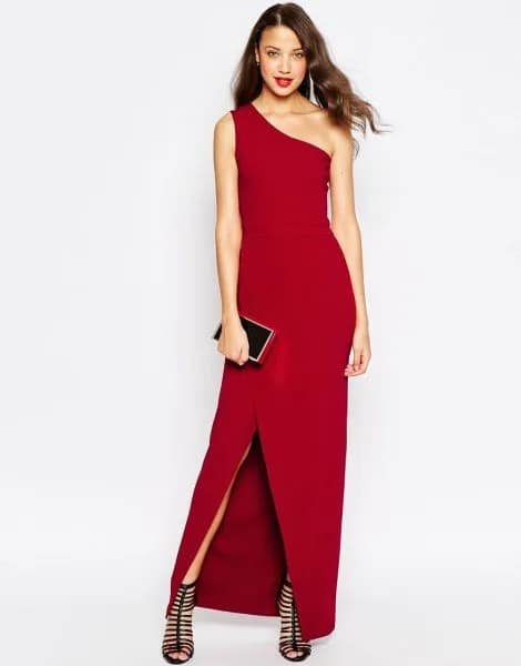 Red Maxi Wrap Dress with Black Strappy Heeled Sandals