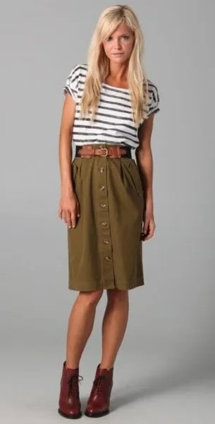 Black and White Striped T shirt with High Waisted Olive Green Knee Length Skirt