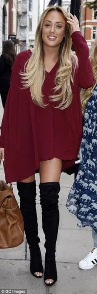 Burgundy Long Sleeve Shift Dress with Black Over The Knee Boots