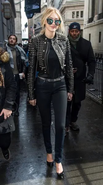 Black Studded Leather Jacket with Matching Belt & Skinny Jeans