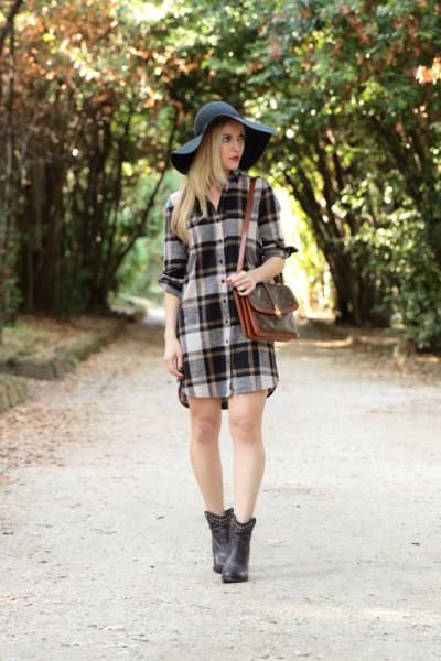 Black and Grey Tartan Shirt Dress with Floppy Hat