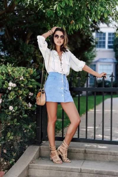 Light Blue Mini Skirt with White Lace Up Linen Shirt