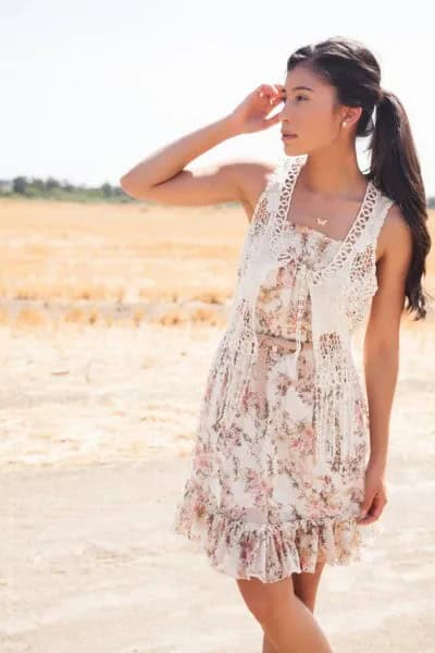 White Crochet Lace Vest with Floral Gathered Waist Floral Mini Dress