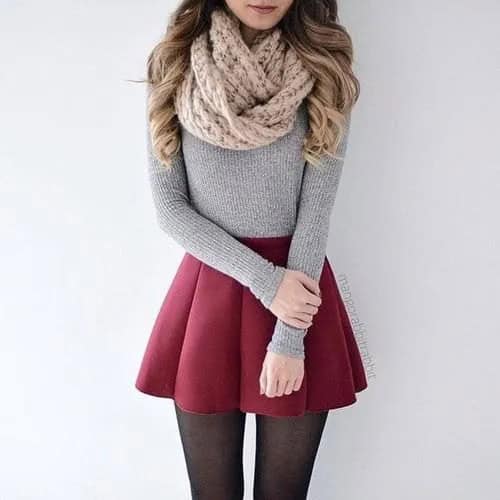 Cable Knit Scarf with Form Fitting Grey Sweater & Maroon Pleated Mini Skirt